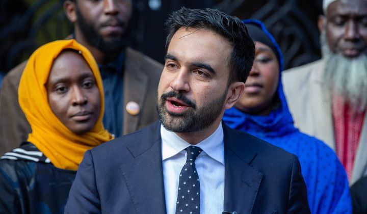 New York City Democratic mayoral candidate Zohran Mamdani speaks at the Islamic Cultural Center of the Bronx mosque in New York on Friday, Oct. 24, 2025. (AP Photo/Ted Shaffrey)