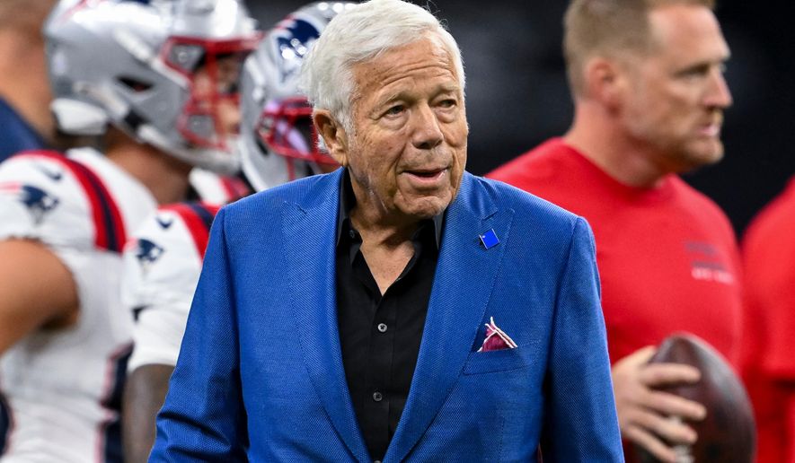FILE - New England Patriots Chairman and CEO Robert Kraft walks on the field prior to an NFL football game against the New Orleans Saints, Sunday, Oct. 12, 2025, in New Orleans. (AP Photo/Maria Lysaker, File)