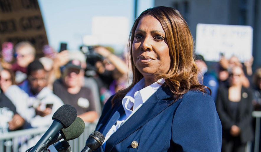 New York Attorney General, Letitia James, speaks after pleading not guilty outside the United States District Court on Friday, Oct. 24, 2025, in Norfolk, Va. (AP Photo/John Clark) ** FILE **
