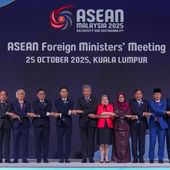 From left to right, Lao's Minister of Foreign Affairs Thongsavanh Phomvihane, Myanmar's Permanent Secretary of the Ministry of Foreign Affairs U Hau Khan Sum, Singapore's Permanent Secretary of Foreign Affairs Albert Chu, Thailand's Foreign Minister Sihasak Phuangketkeow, Vietnam's Deputy Minister of Foreign Affairs Dang Hoang Giang, Malaysia's Foreign Minister Mohamad Hasan, Philippine Foreign Secretary Theresa Lazaro, unidentified Brunei's representative, Cambodia's Foreign Minister Prak Sokhonn, Indonesia's Foreign Minister Sugiono, East Timor's Foreign Minister Bendito dos Santos Freitas and ASEAN Secretary-General Kao Kim Hourn pose for a group photo during ASEAN foreign ministers' meeting at the Kuala Lumpur Convention Centre in Kuala Lumpur, Malaysia, Saturday, Oct. 25, 2025. (AP Photo/Rafiq Maqbool)