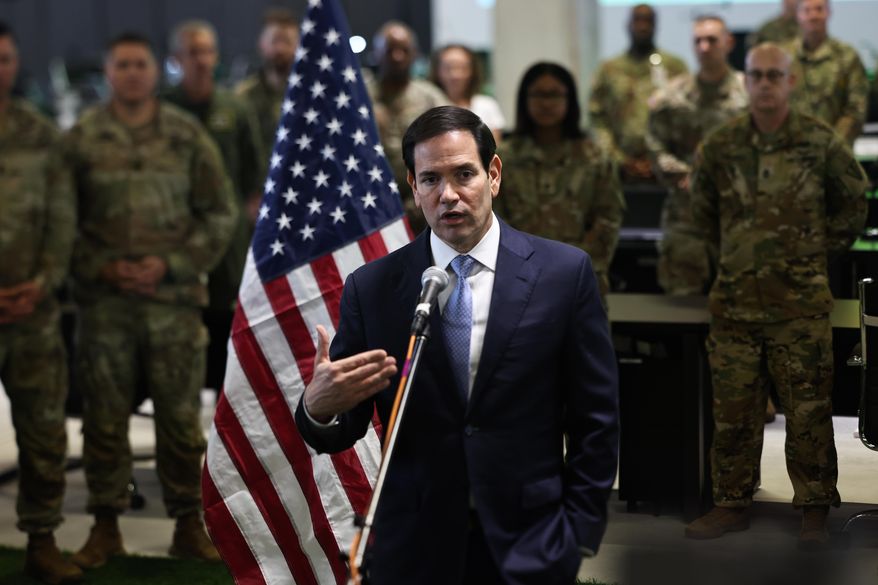 U.S. Secretary of State Marco Rubio speaks to the media after visiting the Civil-Military Coordination Center in Southern Israel, Friday, Oct. 24, 2025. (Fadel Senna/Pool Photo via AP)