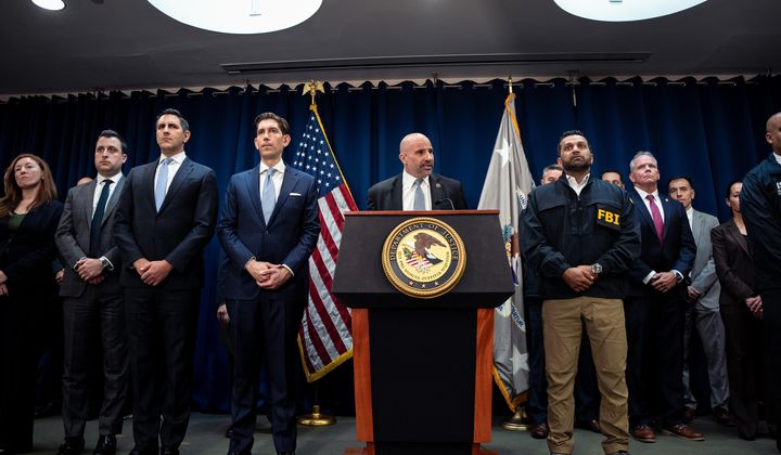FBI assistant director Christopher Raia speaks at a press conference announcing the arrests of Portland Trail Blazers head coach Chauncey Billups and Miami Heat guard Terry Rozier in connection with a federal investigation into sports betting and illegal gambling, Thursday, Oct. 23, 2025, in New York. (AP Photo/Angelina Katsanis)