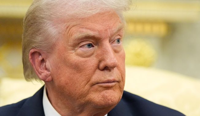 President Donald Trump listens to a question from a reporter as he meets with NATO Secretary General Mark Rutte in the Oval Office of the White House, Wednesday, Oct. 22, 2025, in Washington. (AP Photo/Alex Brandon)