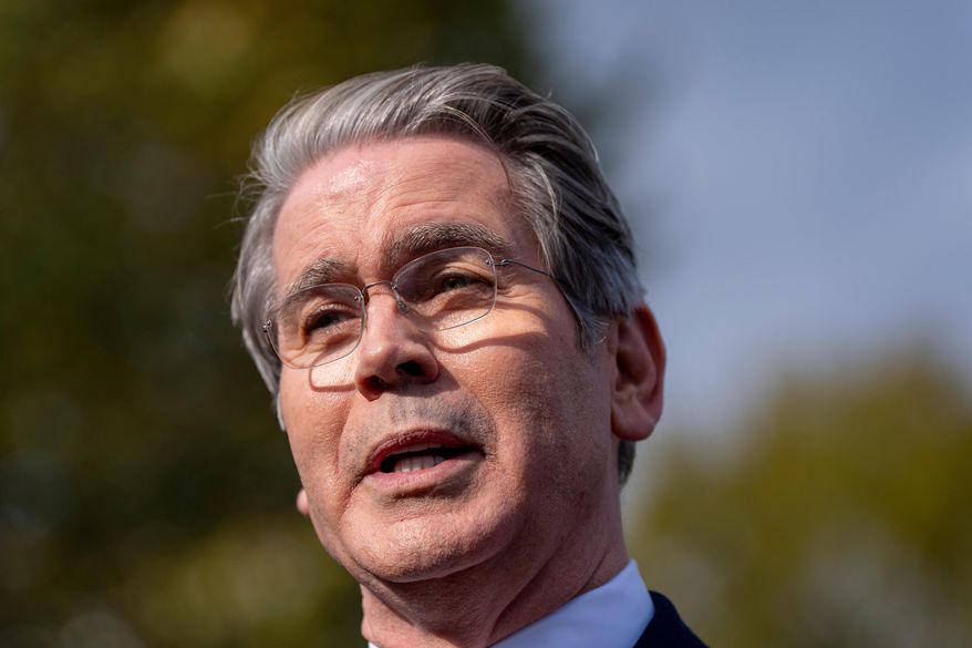 Treasury Secretary Scott Bessent speaks with reporters at the White House, Wednesday, Oct. 22, 2025, in Washington. (AP Photo/Alex Brandon)