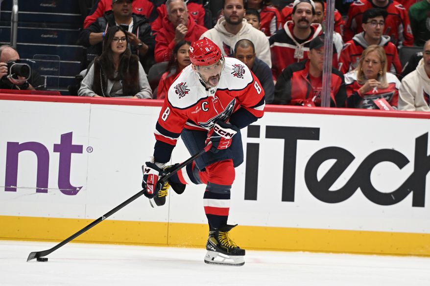 Washington Capitals left wing Alex Ovechkin (8) taking a shot during the first period of an NHL game against the Ottawa Senators at Capital One Arena in Washington D.C., October 19, 2025. (Photo for the Washington Times)