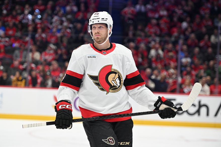 Ottawa Senators center Lars Eller (89) on the ice during a break in the action during the first period of an NHL game against the Washington Capitals at Capital One Arena in Washington D.C., October 19, 2025. (Photo for the Washington Times)