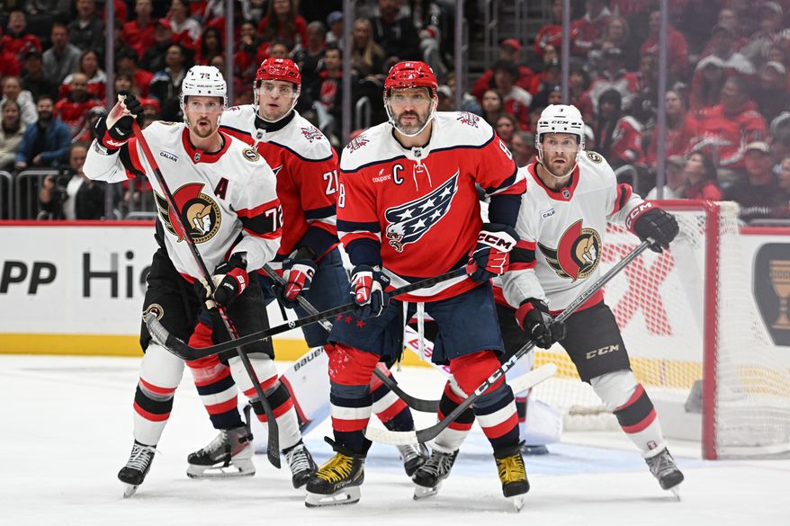 Washington Capitals left wing Alex Ovechkin (8) in front of the net during the first period of an NHL game against the Ottawa Senators at Capital One Arena in Washington D.C., October 19, 2025. (Photo for the Washington Times)