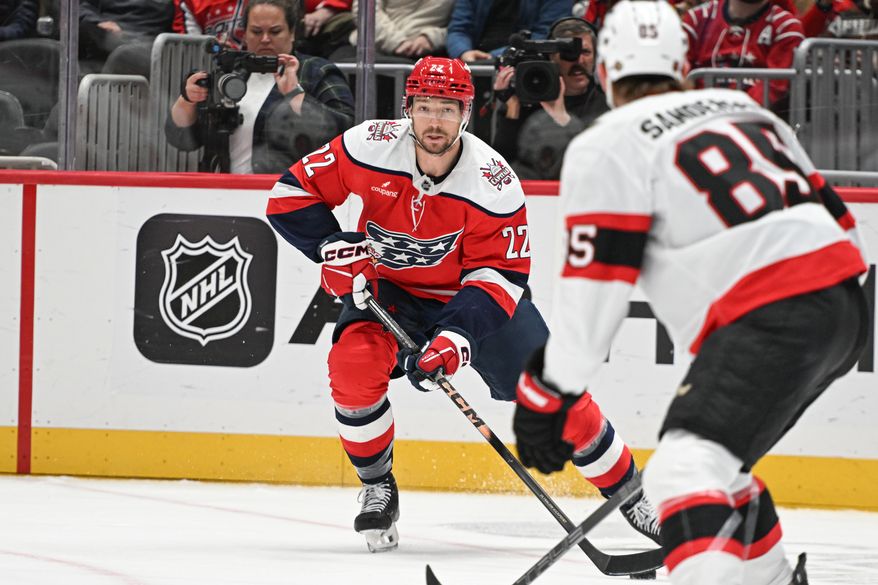 Washington Capitals right wing Brandon Duhaime (22) looking to make a pass during the first period of an NHL game against the Ottawa Senators at Capital One Arena in Washington D.C., October 19, 2025. (Photo for the Washington Times)