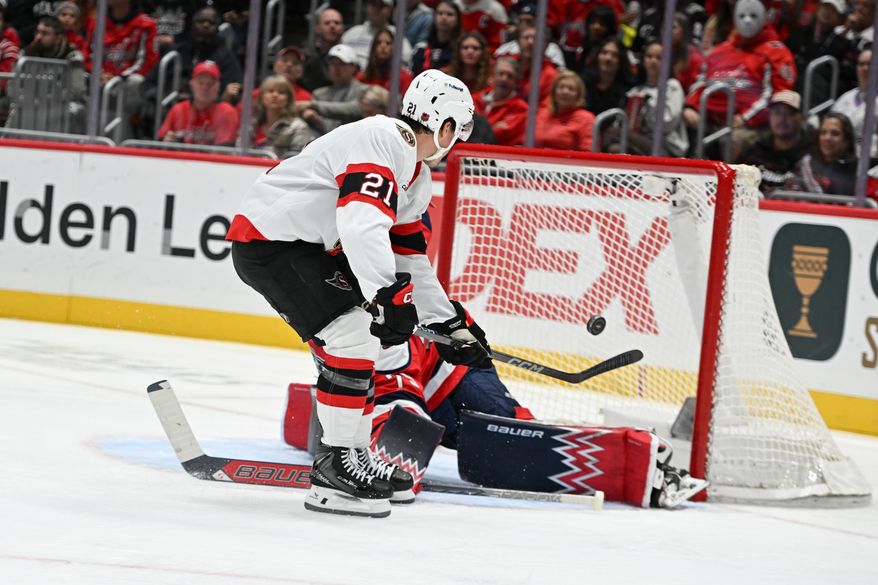 Ottawa Senators center Nick Cousins (21) scoring a goal during the second period of an NHL game against the Washington Capitals at Capital One Arena in Washington D.C., October 19, 2025. (Photo for the Washington Times)