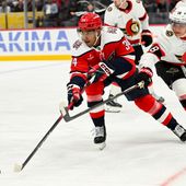 Washington Capitals forward Justin Sourdif (34) reaching for the puck during the third period of an NHL game against the Ottawa Senators at Capital One Arena in Washington D.C., October 19, 2025. (Photo for the Washington Times)