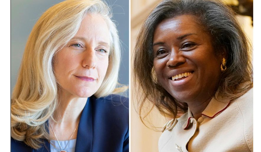 This combination photo of candidates for the Virginia governor's election shows Democrat Abigail Spanberger in Henrico County, Va., Nov. 25, 2024, left, and Republican Winsome Earle-Sears in Richmond, Va., Jan. 25, 2022. (AP Photo)