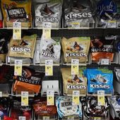 Hershey's chocolate are displayed on shelves at a grocery store in Mount Prospect, Ill., Monday, Oct. 20, 2025. (AP Photo/Nam Y. Huh)