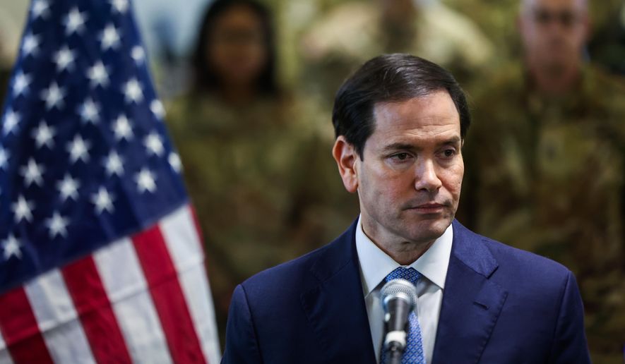 US Secretary of State Marco Rubio speaks to the media after visiting the Civil-Military Coordination Center in southern Israel, Friday, Oct. 24, 2025. (Fadel Senna/Pool Photo via AP)