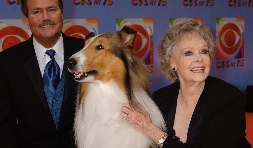 FILE - June Lockhart, right, who played the character of Ruth Martin, mother of Timmy Martin, played by Jon Provost, left, during the classic series "Lassie," poses for a photograph with Lassie, 9th generation, during arrivals at CBS's 75th anniversary celebration Sunday, Nov. 2, 2003, in New York. (AP Photo/Louis Lanzano, File)