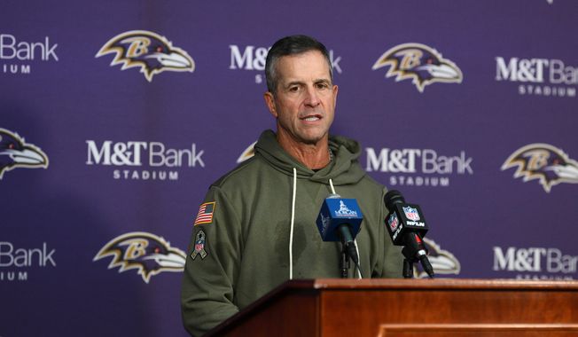 Baltimore Ravens head coach John Harbaugh speaks during a press conference after his team's win over the Chicago Bears in an NFL football game, Sunday, Oct. 26, 2025, in Baltimore. (AP Photo/Nick Wass)