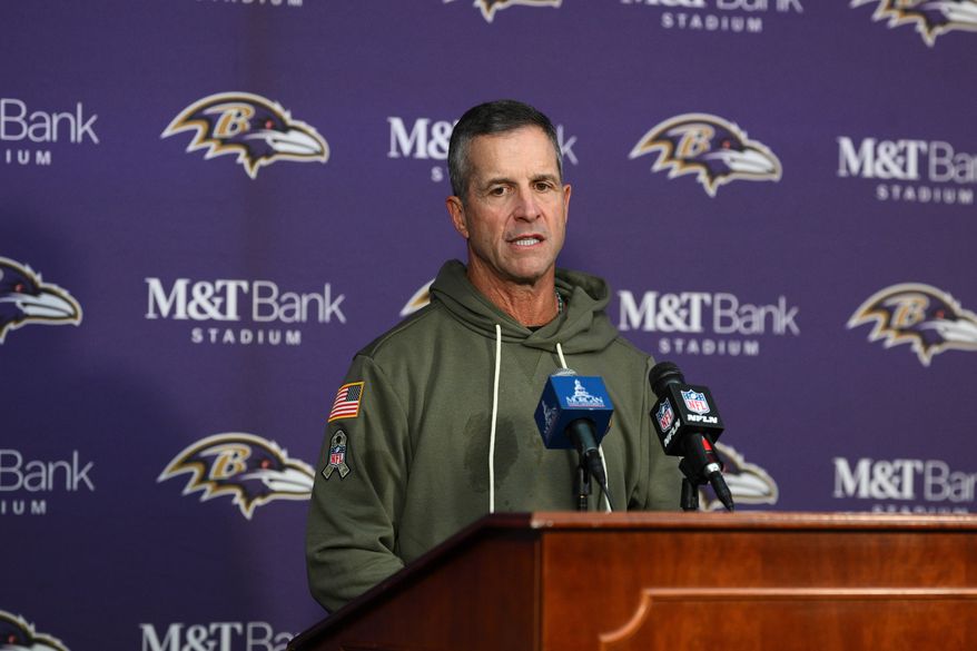 Baltimore Ravens head coach John Harbaugh speaks during a press conference after his team's win over the Chicago Bears in an NFL football game, Sunday, Oct. 26, 2025, in Baltimore. (AP Photo/Nick Wass)