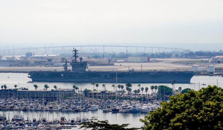 FILE - The USS Nimitz (CVN 68) departs San Diego Bay, Aug. 19, 2023, at Mission Beach, in San Diego. (Nelvin C. Cepeda/The San Diego Union-Tribune via AP, File)