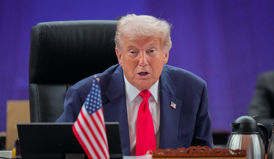 President Donald Trump speaks during the ASEAN US Summit in Kuala Lumpur, Malaysia, Sunday, Oct. 26, 2025. (AP Photo/Vincent Thian, Pool)