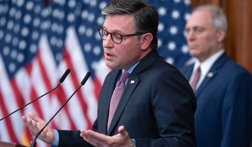 Speaker of the House Mike Johnson, R-La., pauses as he takes questions from reporters on day 27 of the government shutdown, at the Capitol in Washington, Monday, Oct. 27, 2025. (AP Photo/J. Scott Applewhite)