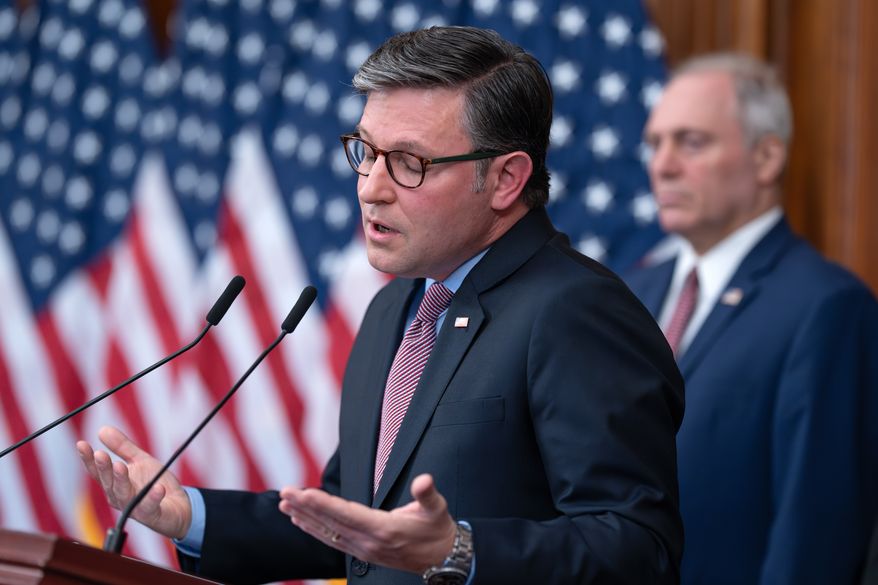 Speaker of the House Mike Johnson, R-La., pauses as he takes questions from reporters on day 27 of the government shutdown, at the Capitol in Washington, Monday, Oct. 27, 2025. (AP Photo/J. Scott Applewhite)