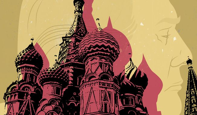 President Donald Trump and Russia collusion claims in court illustration by Linas Garsys / The Washington Times