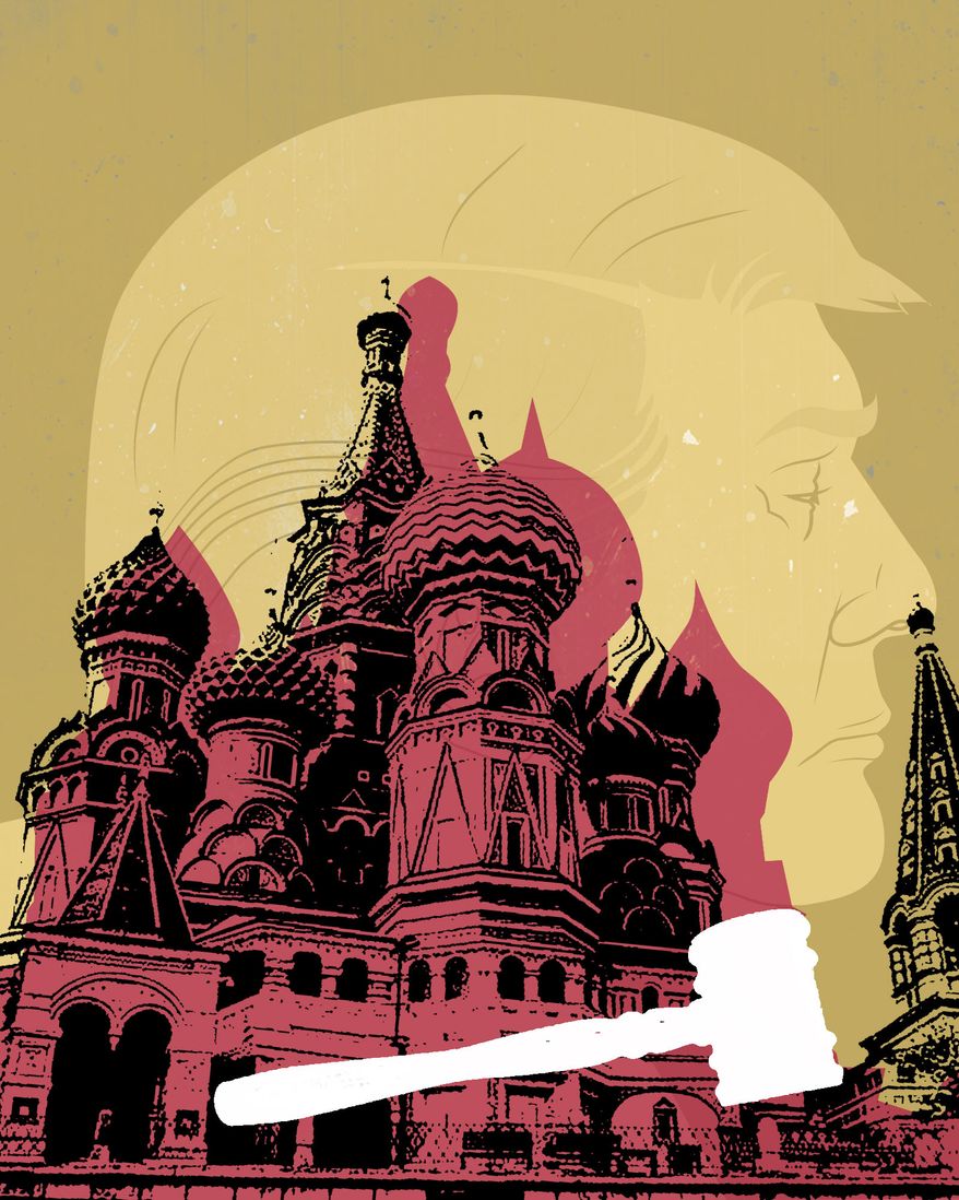 President Donald Trump and Russia collusion claims in court illustration by Linas Garsys / The Washington Times