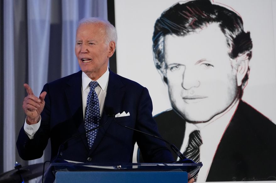 Former President Joe Biden speaks after receiving the Lifetime Achievement Award at the Edward M. Kennedy Institute's 10th Anniversary Celebration, Sunday, Oct. 26, 2025, in Boston. (AP Photo/Robert F. Bukaty)