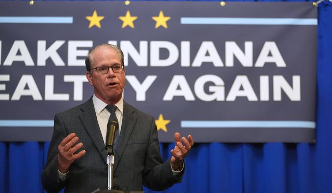 Indiana Gov. Mike Braun speaks during a Make Indiana Healthy Again initiative event in Indianapolis, April 15, 2025. (AP Photo/Michael Conroy) **FILE**