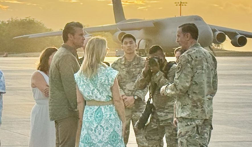 Defense Secretary Pete Hegseth received a briefing Monday in Hawaii, on his way to a four-nation Asia trip. According to an unclassified briefing touching some of the same topics, Mr. Hegseth was briefed about recent purges in China's military and their effects on the army's effectiveness. (Bill Gertz/The Washington Times)