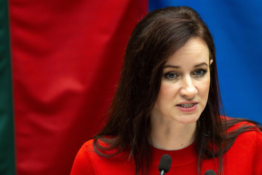 FILE - Lithuania's Social Democratic party member Inga Ruginiene, nominated as the next prime minister, speaks during a Lithuania's parliament session in Vilnius, Lithuania, Aug. 26, 2025. (AP Photo/Mindaugas Kulbis, File)