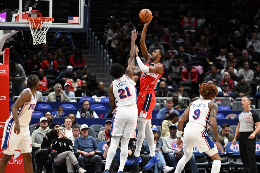 Washington Wizards center Alex Sarr (20) putting up a shot during the first quarter of an NBA game against the Philadelphia 76ers at Capital One Arena in Washington D.C., October 28, 2025. (Photo for the Washington Times)