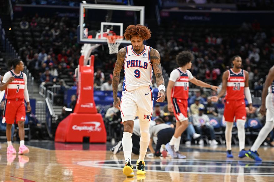 Philadelphia 76ers guard Kelly Oubre Jr. (9) walking down the court during the first quarter of an NBA game against the Washington Wizards at Capital One Arena in Washington D.C., October 28, 2025. (Photo for the Washington Times)