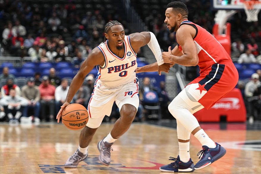 Philadelphia 76ers guard Tyrese Maxey (0) driving towards the basket during the first quarter of an NBA game against the Washington Wizards at Capital One Arena in Washington D.C., October 28, 2025. (Photo for the Washington Times)