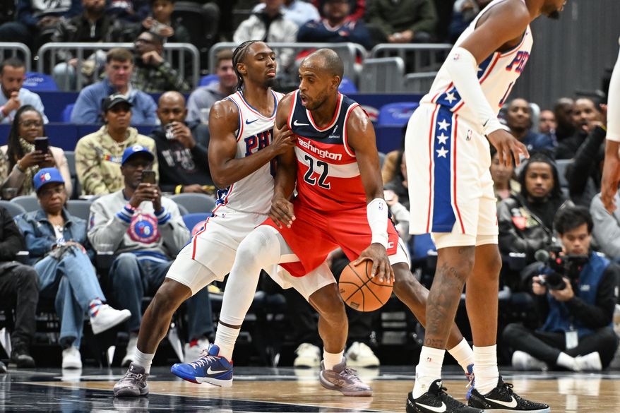 Washington Wizards forward Khris Middleton (22) driving towards the basket during the first quarter of an NBA game against the Philadelphia 76ers at Capital One Arena in Washington D.C., October 28, 2025. (Photo for the Washington Times)