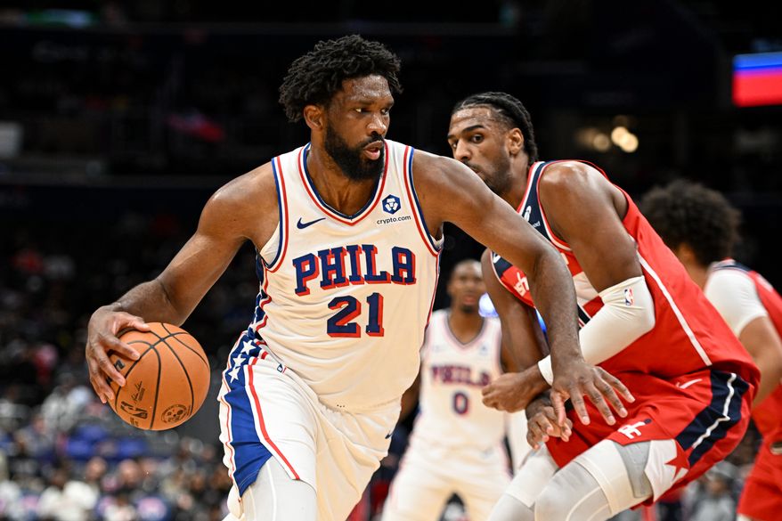 Philadelphia 76ers center Joel Embiid (21) driving towards the hoop during the first quarter of an NBA game against the Washington Wizards at Capital One Arena in Washington D.C., October 28, 2025. (Photo for the Washington Times)