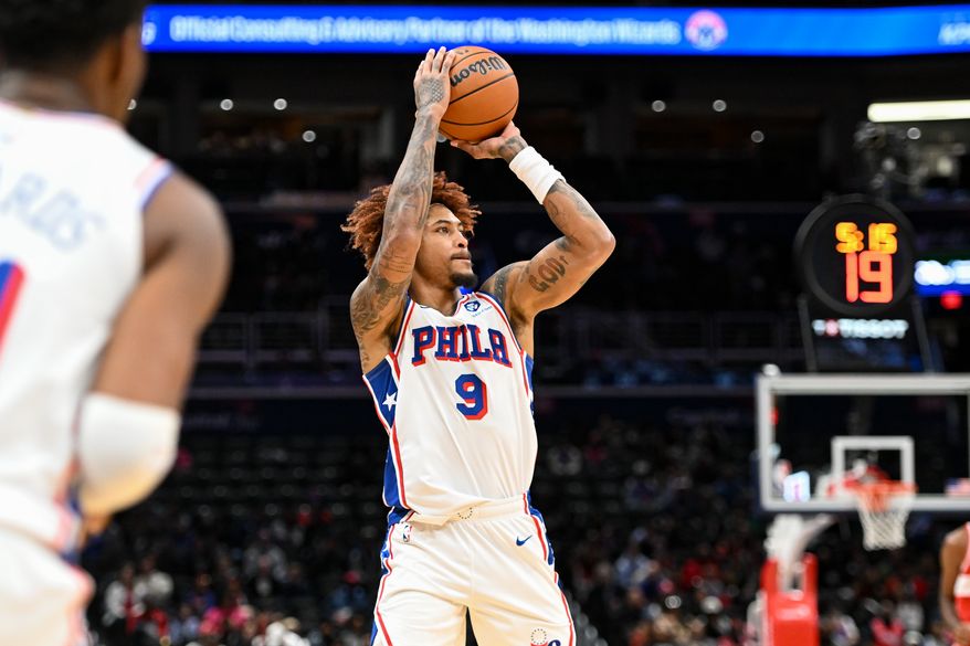 Philadelphia 76ers guard Kelly Oubre Jr. (9) taking a shot during the first quarter of an NBA game against the Washington Wizards at Capital One Arena in Washington D.C., October 28, 2025. (Photo for the Washington Times)