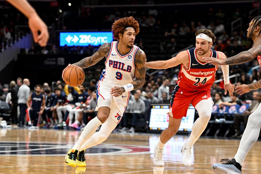 Philadelphia 76ers guard Kelly Oubre Jr. (9) driving towards the basket during the first quarter of an NBA game against the Washington Wizards at Capital One Arena in Washington D.C., October 28, 2025. (Photo for the Washington Times)