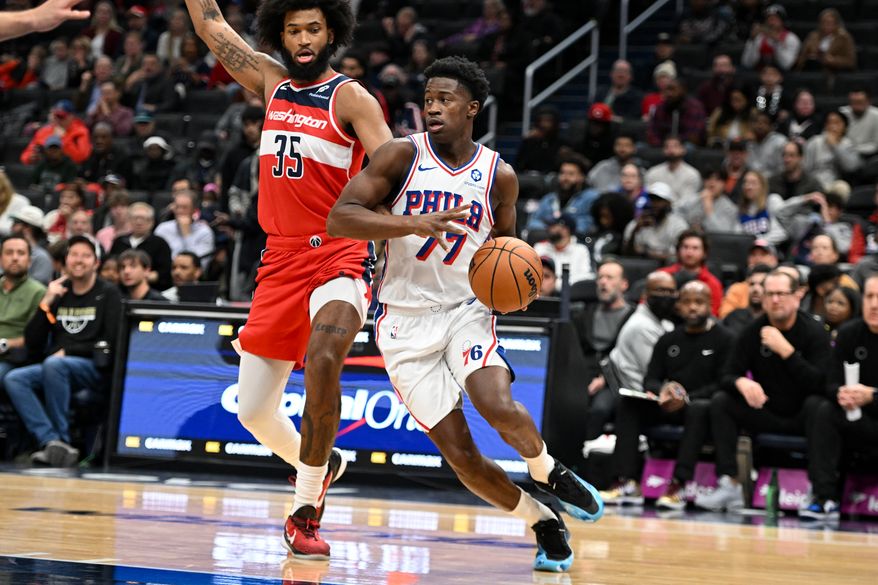 Philadelphia 76ers guard VJ Edgecombe (77) driving towards the basket during the first quarter of an NBA game against the Washington Wizards at Capital One Arena in Washington D.C., October 28, 2025. (Photo for the Washington Times)
