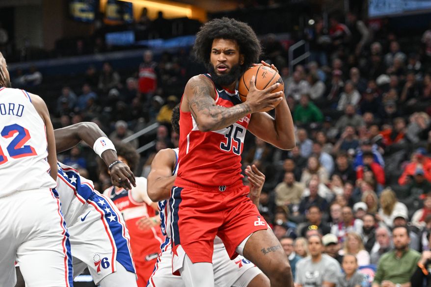Washington Wizards center Marvin Bagley III (35) pulling down a rebound during the first quarter of an NBA game against the Philadelphia 76ers at Capital One Arena in Washington D.C., October 28, 2025. (Photo for the Washington Times)