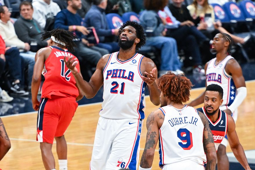 Philadelphia 76ers center Joel Embiid (21) reacting after missing a free throw during the second quarter of an NBA game against the Washington Wizards at Capital One Arena in Washington D.C., October 28, 2025. (Photo for the Washington Times)