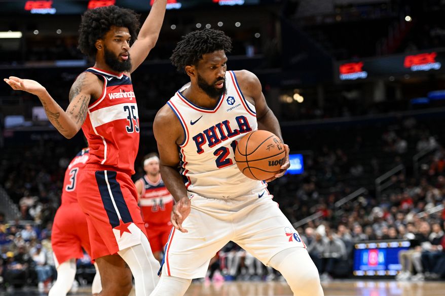 Philadelphia 76ers center Joel Embiid (21) grabbing a rebound during the fourth quarter of an NBA game against the Washington Wizards at Capital One Arena in Washington D.C., October 28, 2025. (Photo for the Washington Times)