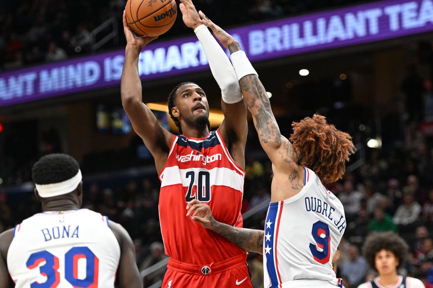 Washington Wizards center Alex Sarr (20) putting up a shot during the fourth quarter of an NBA game against the Philadelphia 76ers at Capital One Arena in Washington D.C., October 28, 2025. (Photo for the Washington Times)