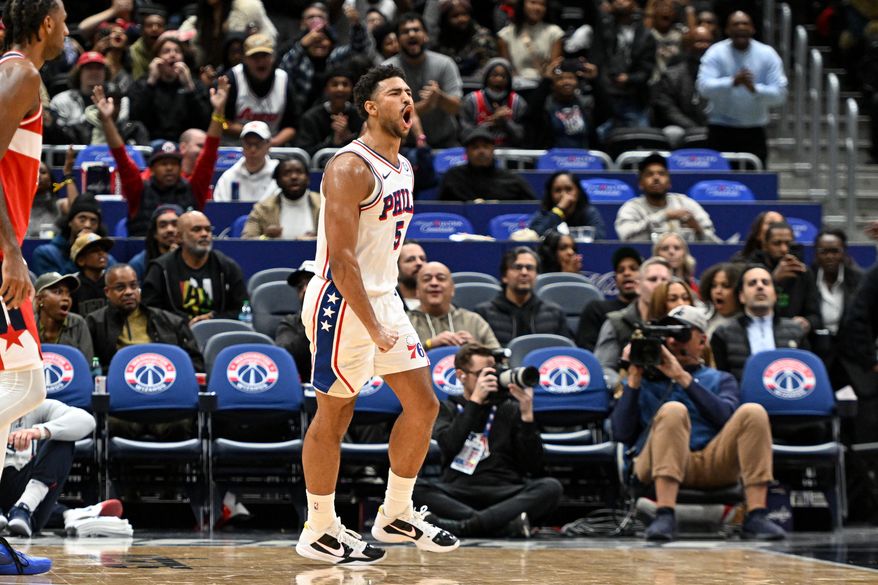Philadelphia 76ers guard Quentin Grimes (5) reacting after hitting a three point shot to tie the game late in the fourth quarter of an NBA game against the Washington Wizards at Capital One Arena in Washington D.C., October 28, 2025. (Photo for the Washington Times)
