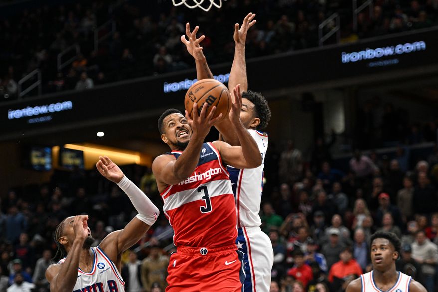 Washington Wizards guard CJ McCollum (3) putting up a shot during the fourth quarter of an NBA game against the Philadelphia 76ers at Capital One Arena in Washington D.C., October 28, 2025. (Photo for the Washington Times)
