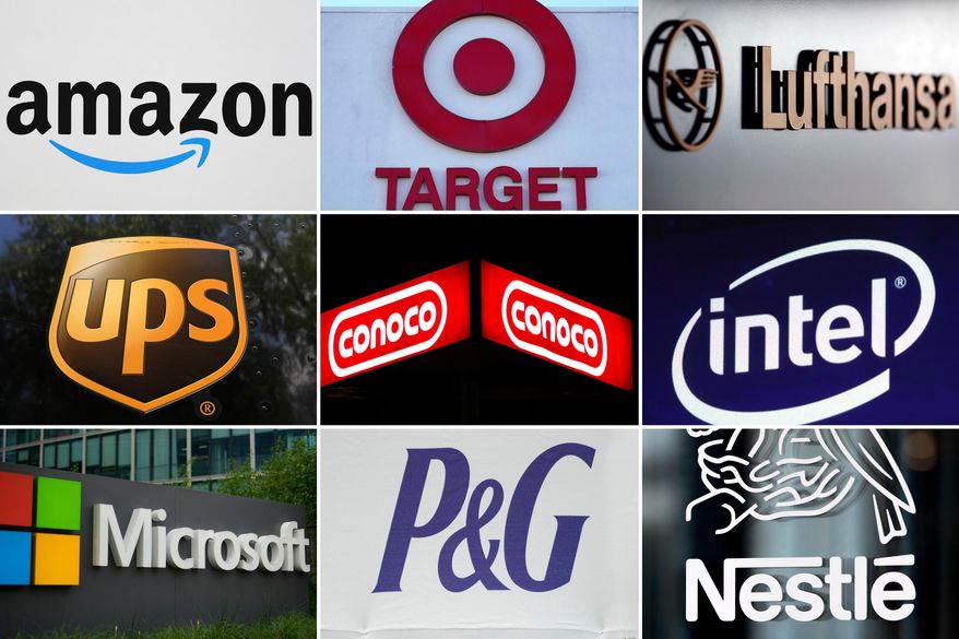 This undated combination of photos shows clockwise from top left the company logos for Amazon, Target, Lufthansa Group, UPS, ConocoPhillips, Intel, Microsoft, Procter & Gamble and Nestle. (AP Photo, file)