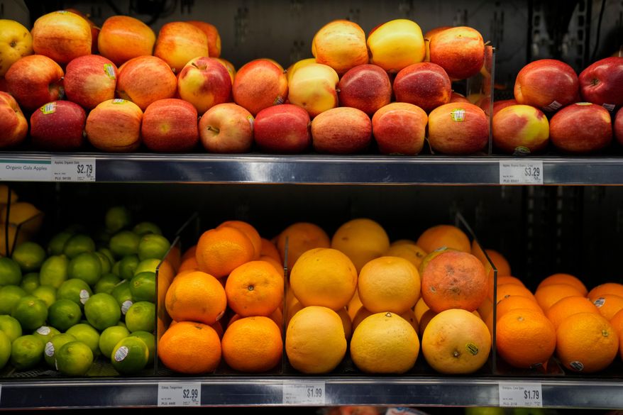 Produce, which is covered by the USDA Supplemental Nutrition Assistance Program, or SNAP, is displayed for sale at Wild Onion Market, Monday, Oct. 27, 2025, in Chicago. (AP Photo/Erin Hooley)