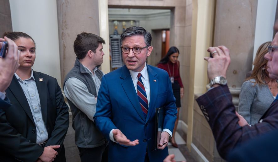 Speaker of the House Mike Johnson, R-La., talks to reporters outside his office on day 28 of the government shutdown, at the Capitol in Washington, Tuesday, Oct. 28, 2025. (AP Photo/J. Scott Applewhite)