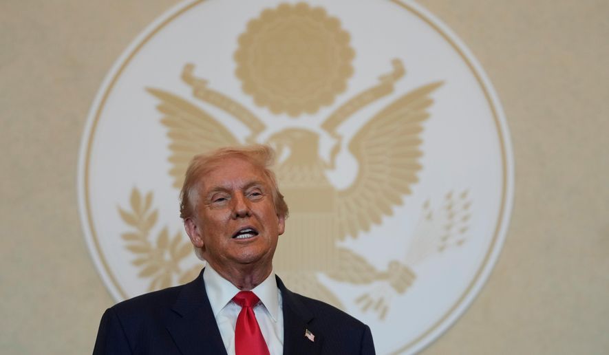 President Donald Trump speaks to business leaders at a dinner event in Tokyo, Japan, Tuesday, Oct. 28, 2025. (AP Photo/Mark Schiefelbein)