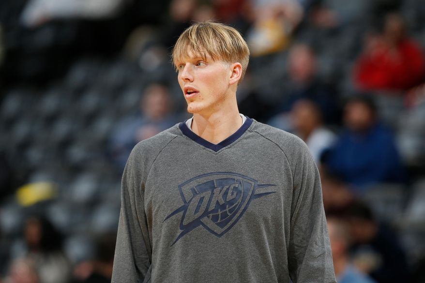 Oklahoma City Thunder forward Kyle Singler (5) in the first half of an NBA basketball game, Jan. 19, 2016, in Denver. (AP Photo/David Zalubowski, File)