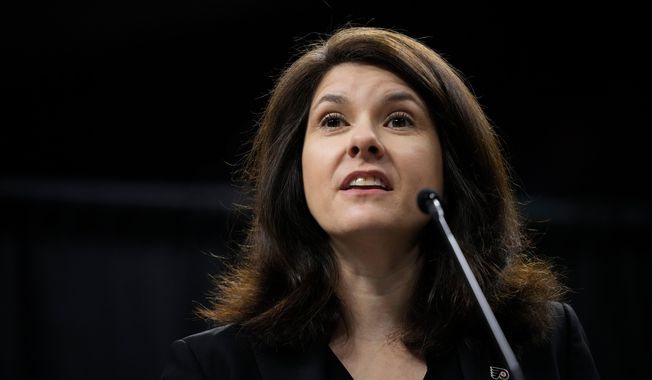 FILE - Valerie Camillo, President & CEO of Spectator Sports and Entertainment, speaks during a news conference, May 12, 2023, in Philadelphia. (AP Photo/Matt Slocum, file)